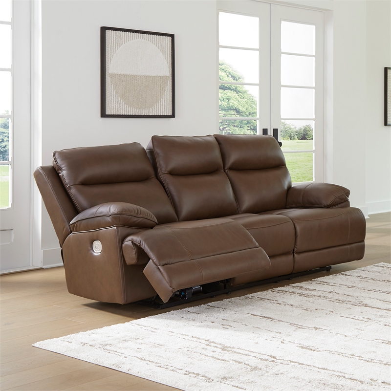 Bowery Hill Brown Leather Power Reclining Sofa with Zero-Gravity