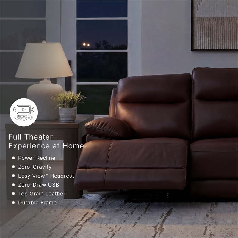 Bowery Hill Brown Leather Power Reclining Sofa with Zero-Gravity