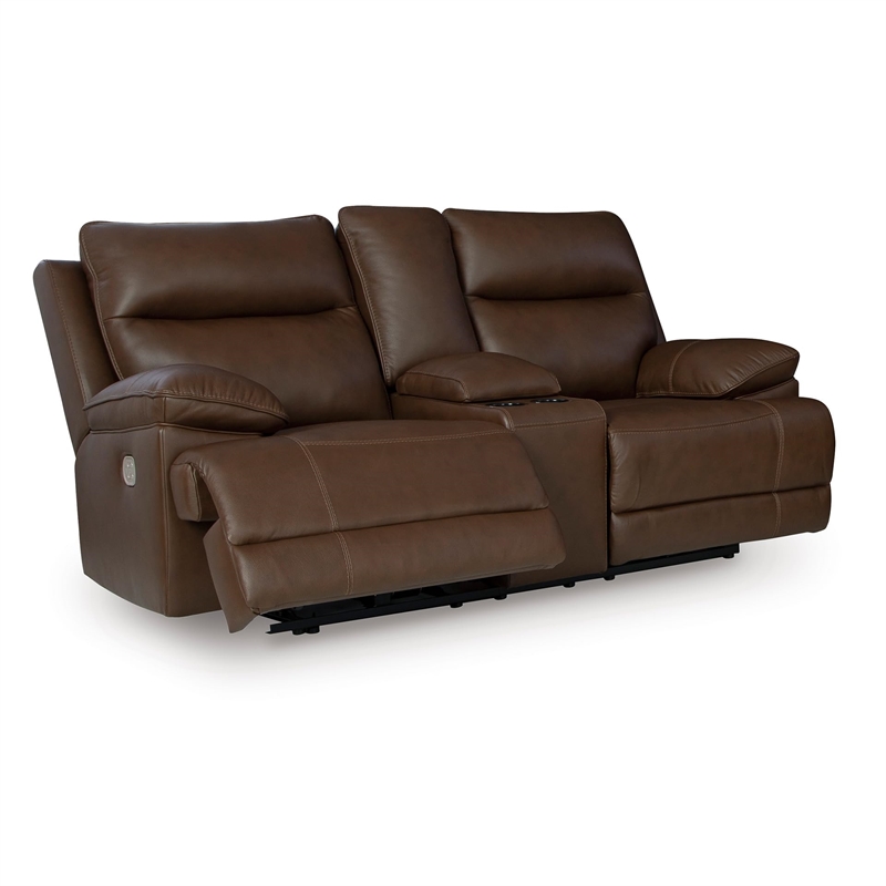 Bowery Hill Brown Leather Power Reclining Loveseat with Console