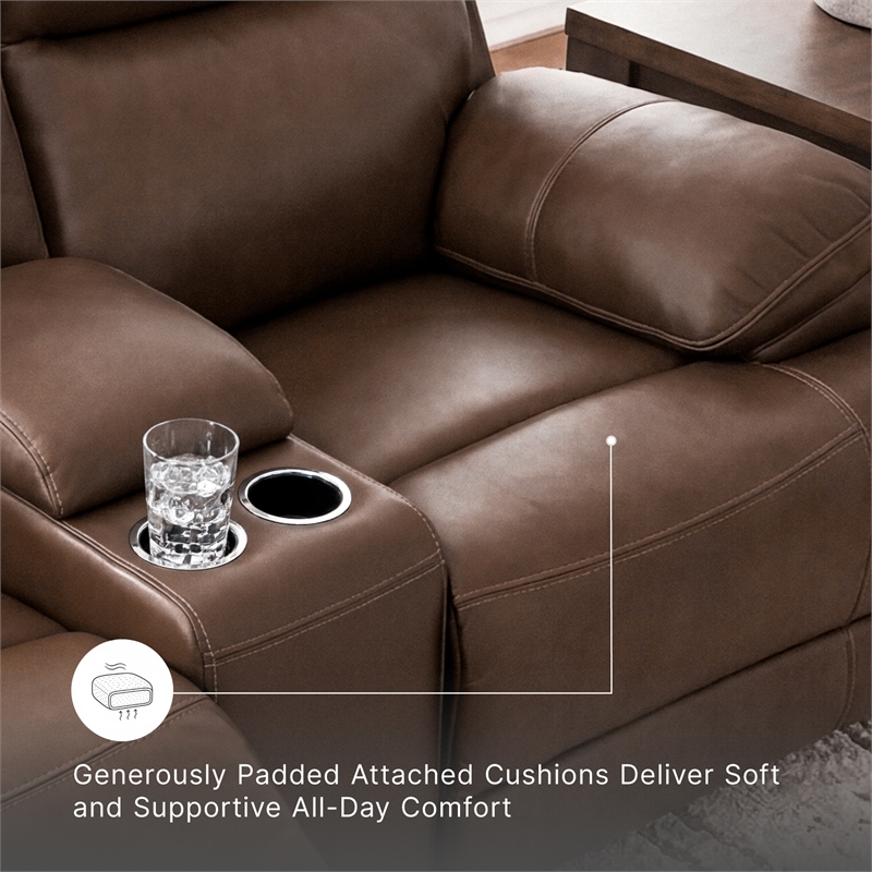Bowery Hill Brown Leather Power Reclining Loveseat with Console