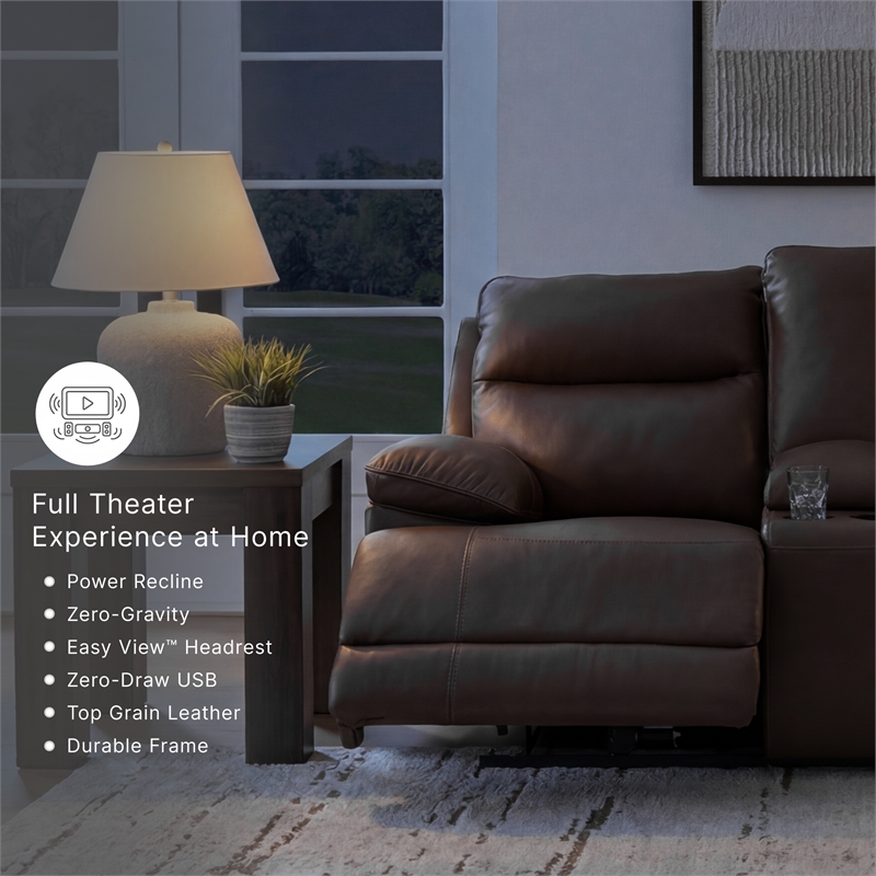 Bowery Hill Brown Leather Power Reclining Loveseat with Console