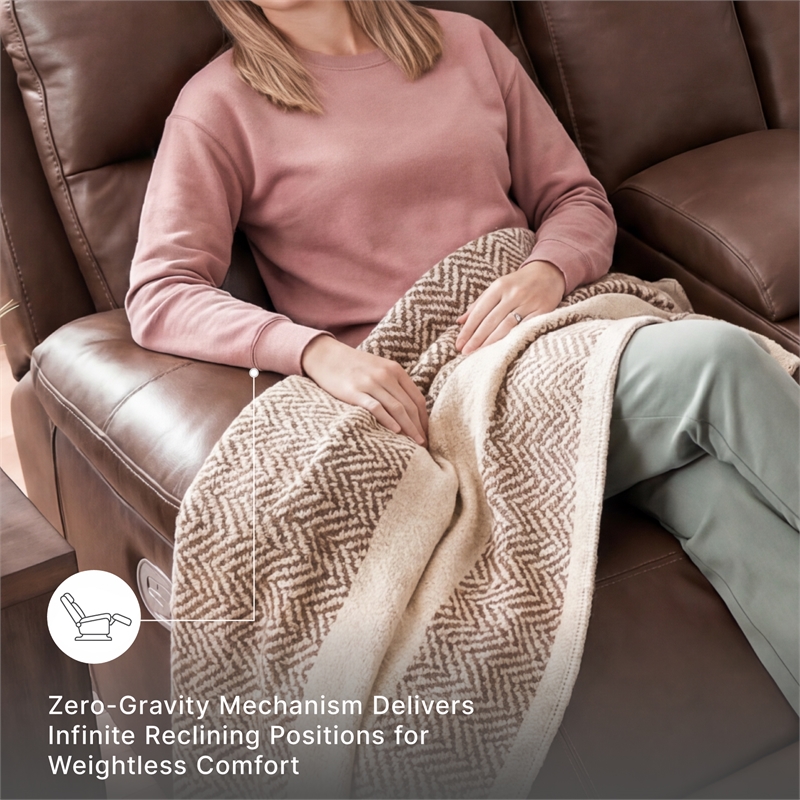 Bowery Hill Brown Leather Power Reclining Loveseat with Console