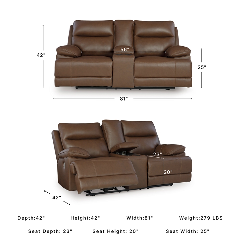 Bowery Hill Brown Leather Power Reclining Loveseat with Console