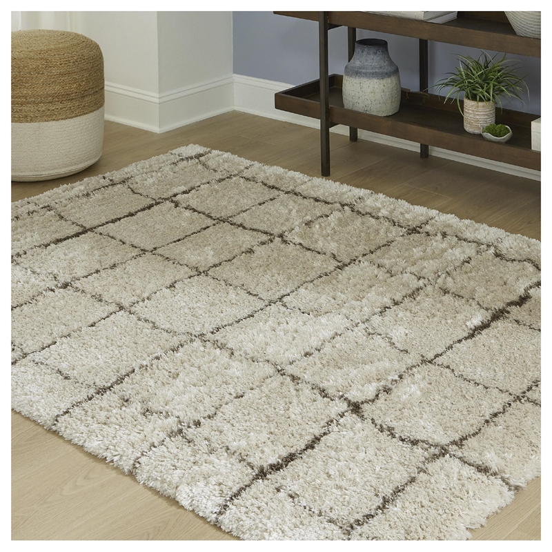 Bowery Hill Beige 8' x 10' Plush Shag Area Rug with 50mm Pile
