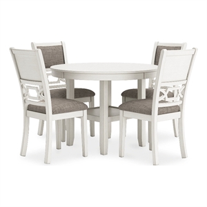 Bowery Hill Antique White Dining Table and 4 Upholstered Chairs