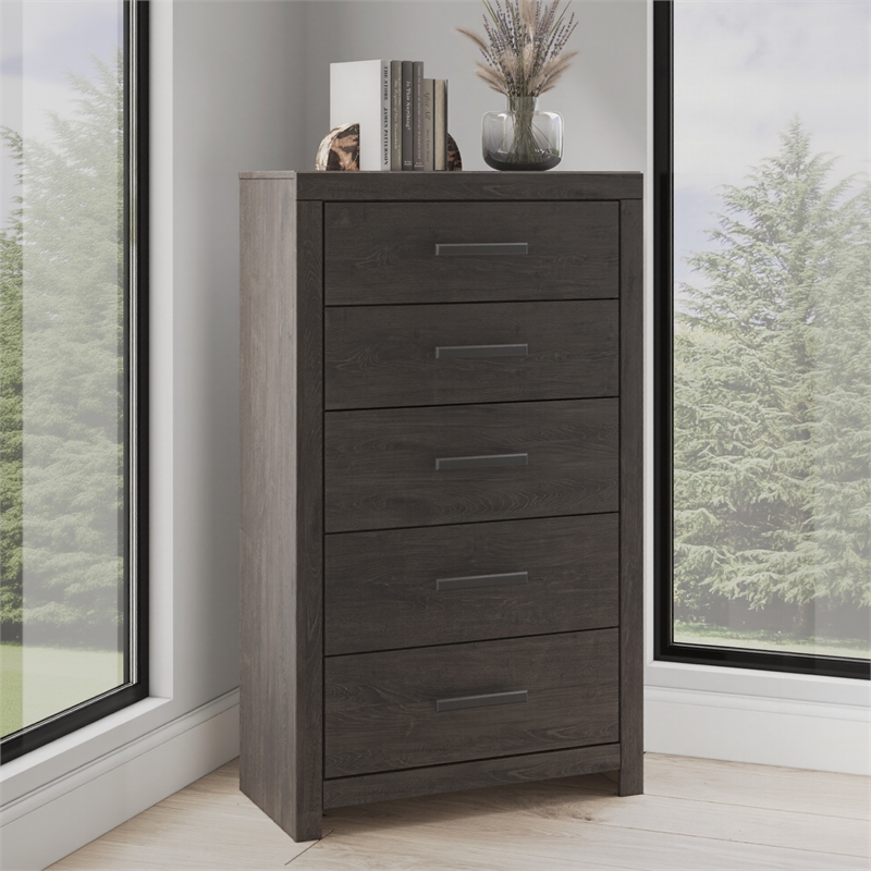 Bowery Hill Dark Gray 5-Drawer Chest with Large Black Handles