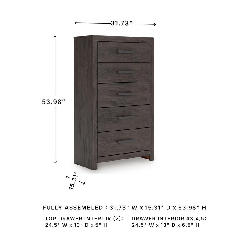 Bowery Hill Dark Gray 5-Drawer Chest with Large Black Handles