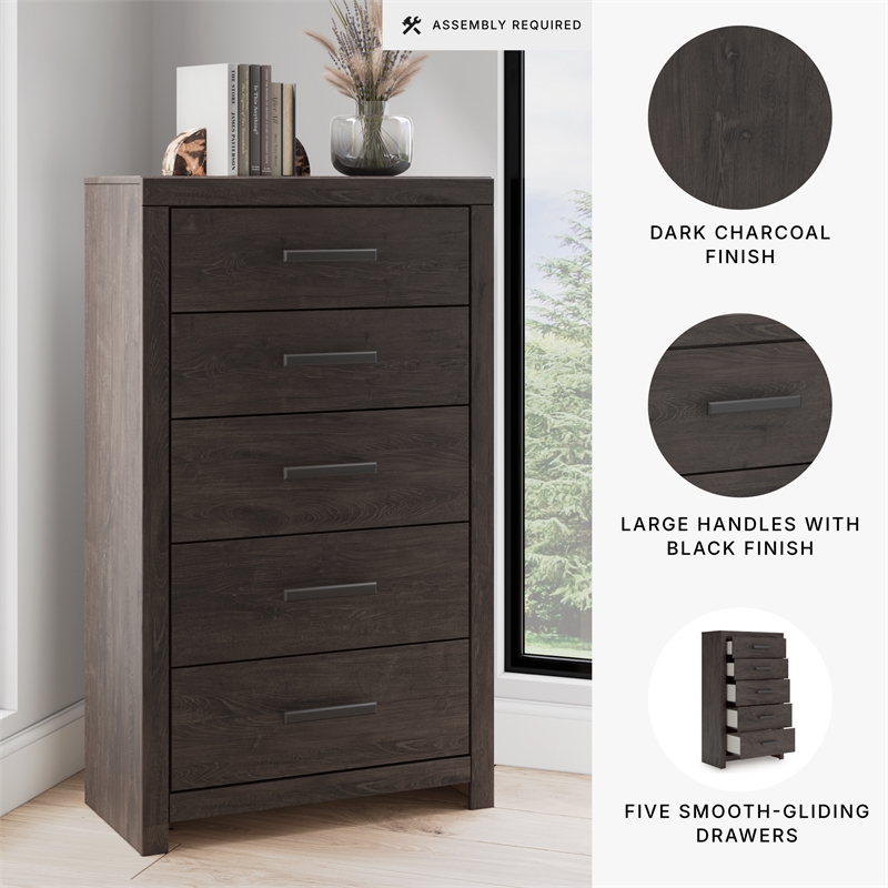 Bowery Hill Dark Gray 5-Drawer Chest with Large Black Handles