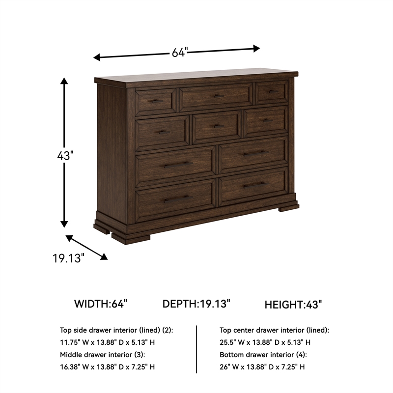 Bowery Hill Brown 10-Drawer Dresser with Picture Frame Detailing