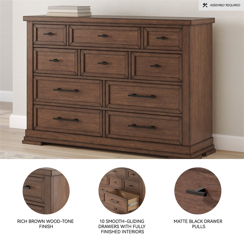 Bowery Hill Brown 10-Drawer Dresser with Picture Frame Detailing