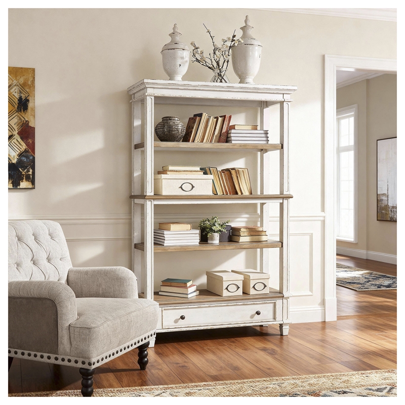 Bowery Hill Brown & White Bookcase with 3 Fixed Shelves and Drawer