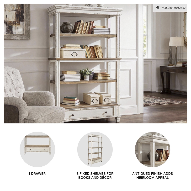 Bowery Hill Brown & White Bookcase with 3 Fixed Shelves and Drawer