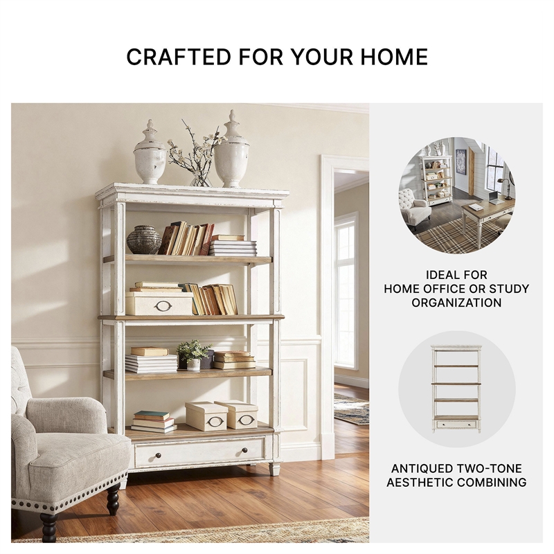 Bowery Hill Brown & White Bookcase with 3 Fixed Shelves and Drawer