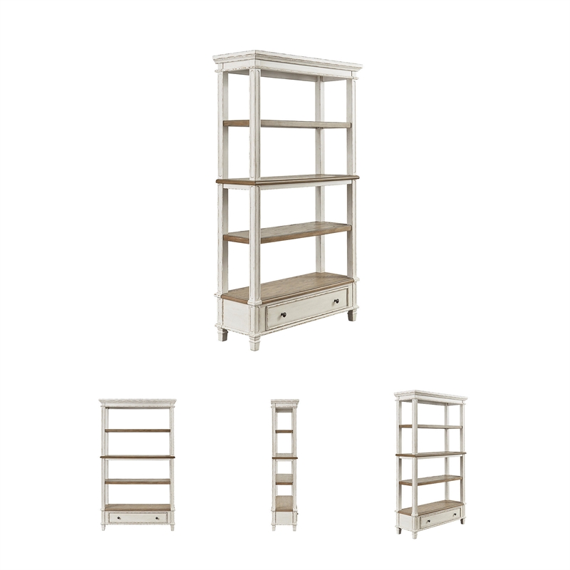 Bowery Hill Brown & White Bookcase with 3 Fixed Shelves and Drawer