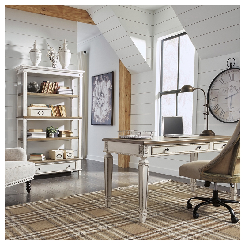 Bowery Hill Brown & White Bookcase with 3 Fixed Shelves and Drawer