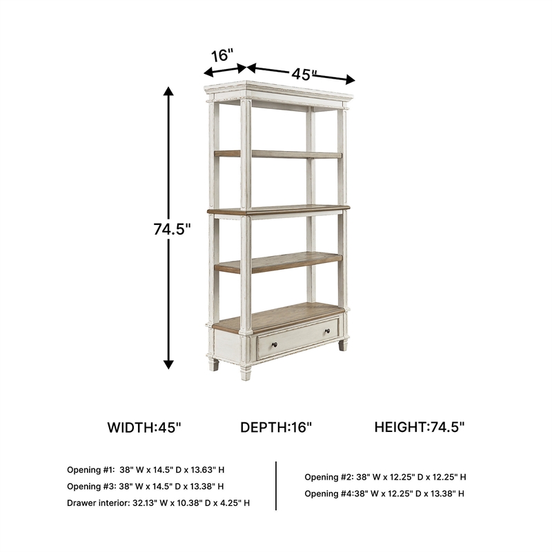 Bowery Hill Brown & White Bookcase with 3 Fixed Shelves and Drawer
