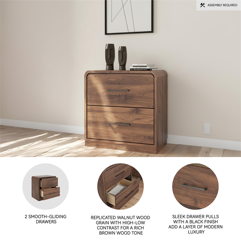 Bowery Hill Brown 2-Drawer Nightstand with a Rounded Walnut Top