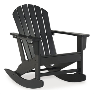 Bowery Hill HDPE Outdoor Rocking Chair with Cup Holder in Black