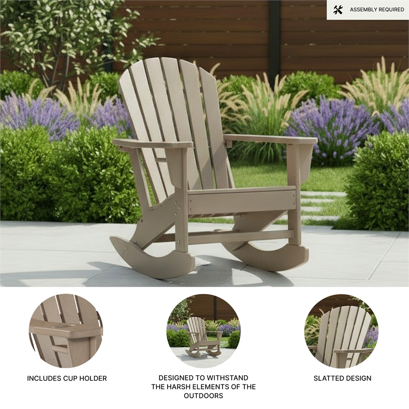 Bowery Hill HDPE Outdoor Rocking Chair with Cup Holder in Driftwood