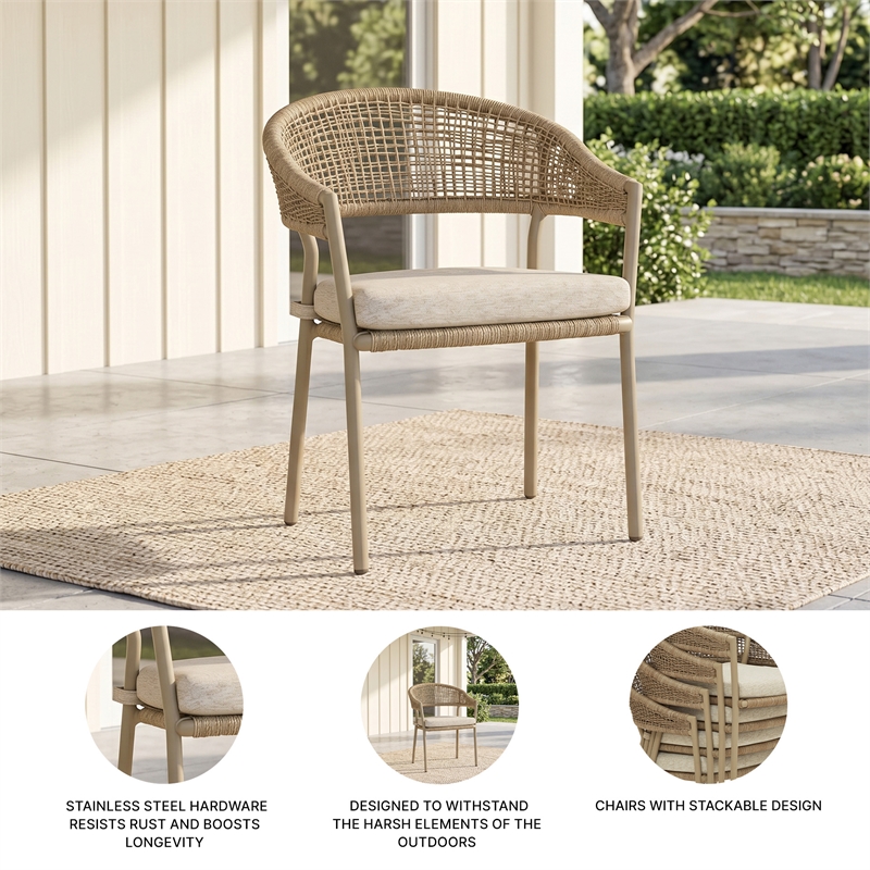 Bowery Hill Set of 4 Gray Outdoor Rope Arm Chairs with Cushion