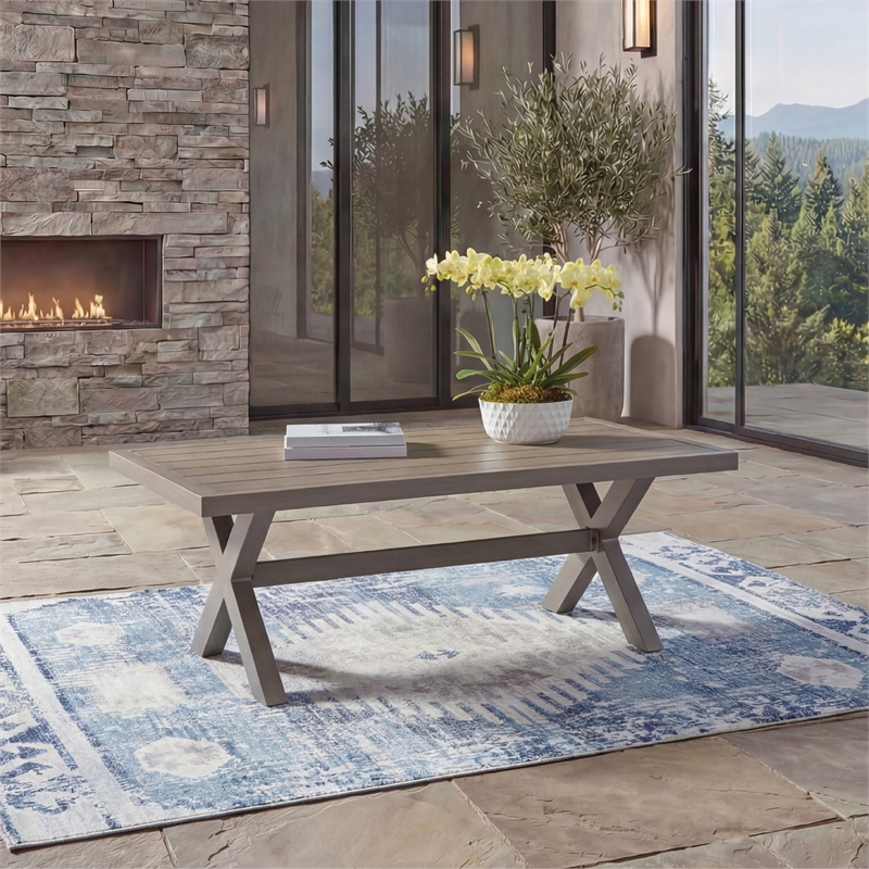 Bowery Hill Gray Outdoor Coffee Table with a Wood-Look Finish