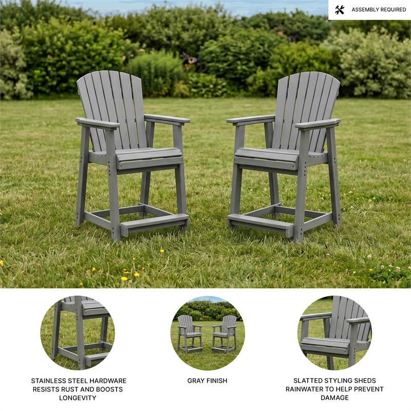 Bowery Hill Set of 2 Gray Outdoor Slatted Counter Height Bar Stools