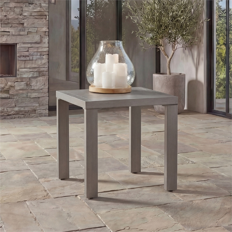 Bowery Hill Gray Outdoor End Table with a Wood-Look Aluminum Frame