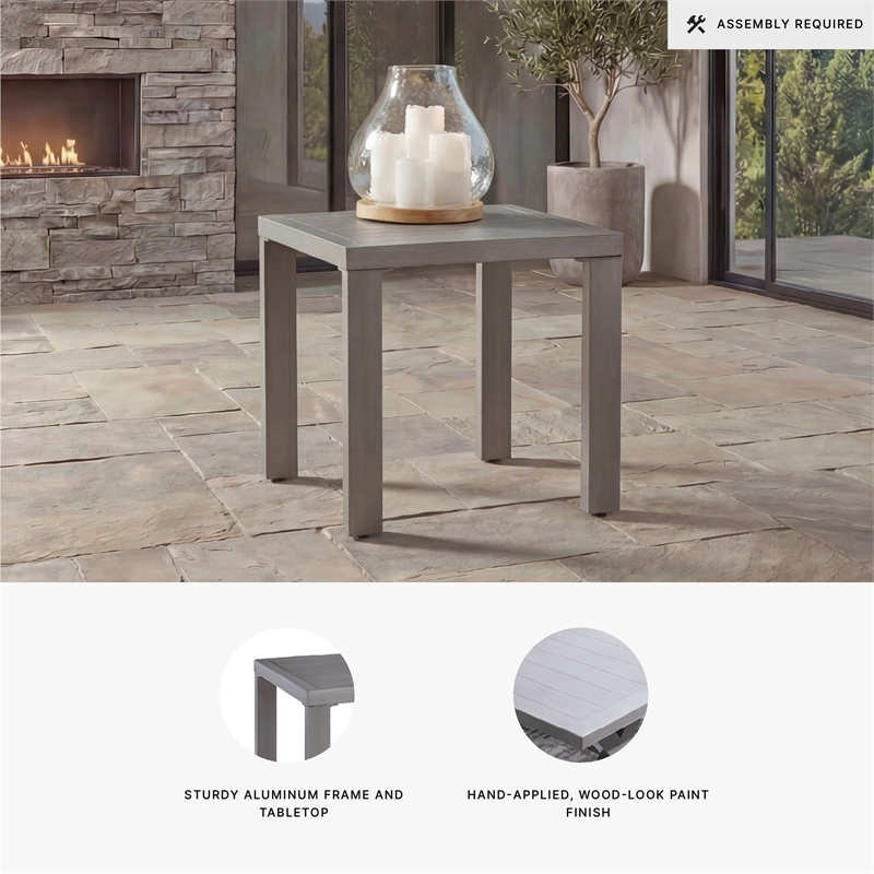 Bowery Hill Gray Outdoor End Table with a Wood-Look Aluminum Frame