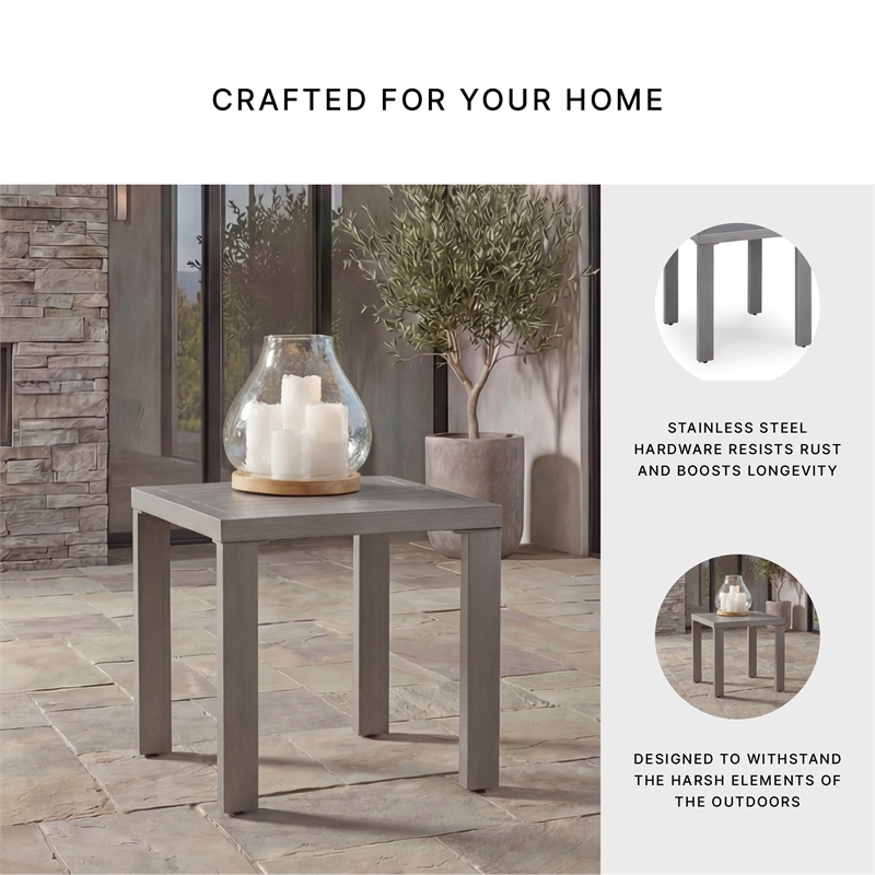 Bowery Hill Gray Outdoor End Table with a Wood-Look Aluminum Frame
