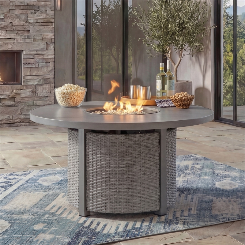 Bowery Hill Gray Outdoor Wicker Fire Pit Table with 50000 BTU Burner