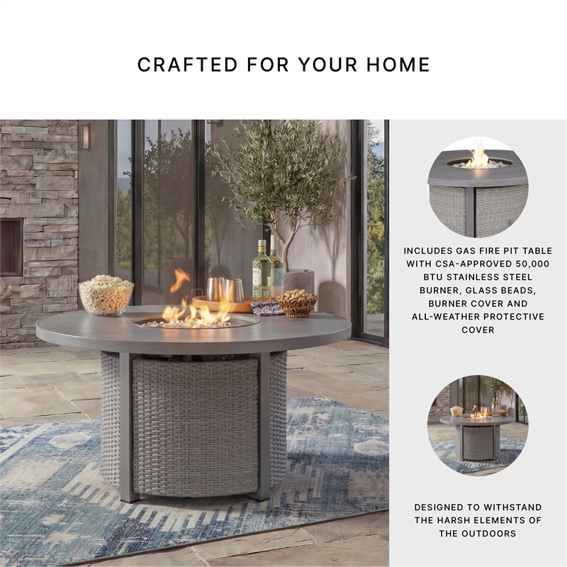 Bowery Hill Gray Outdoor Wicker Fire Pit Table with 50000 BTU Burner
