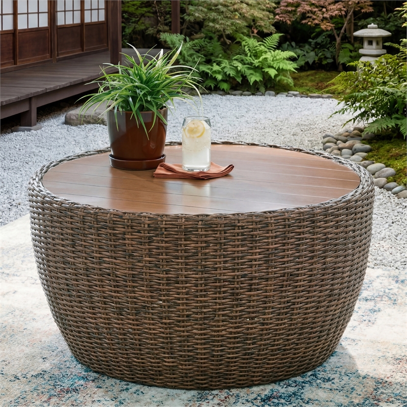Bowery Hill Outdoor Wicker Coffee Table with Wood-Look Aluminum Top