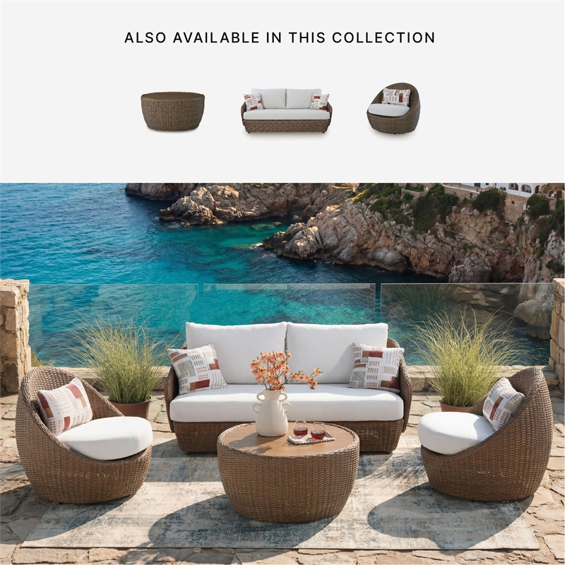 Bowery Hill Outdoor Wicker Coffee Table with Wood-Look Aluminum Top