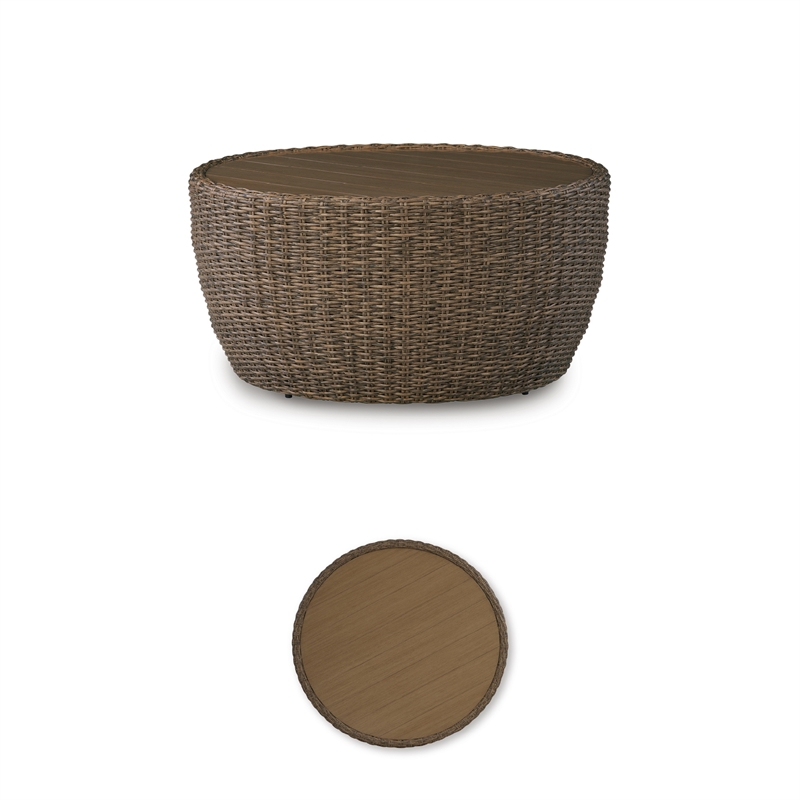 Bowery Hill Outdoor Wicker Coffee Table with Wood-Look Aluminum Top