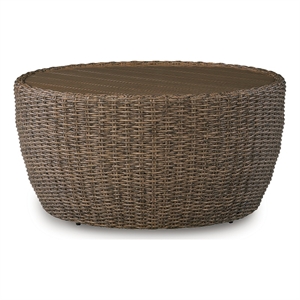 Bowery Hill Outdoor Wicker Coffee Table with Wood-Look Aluminum Top