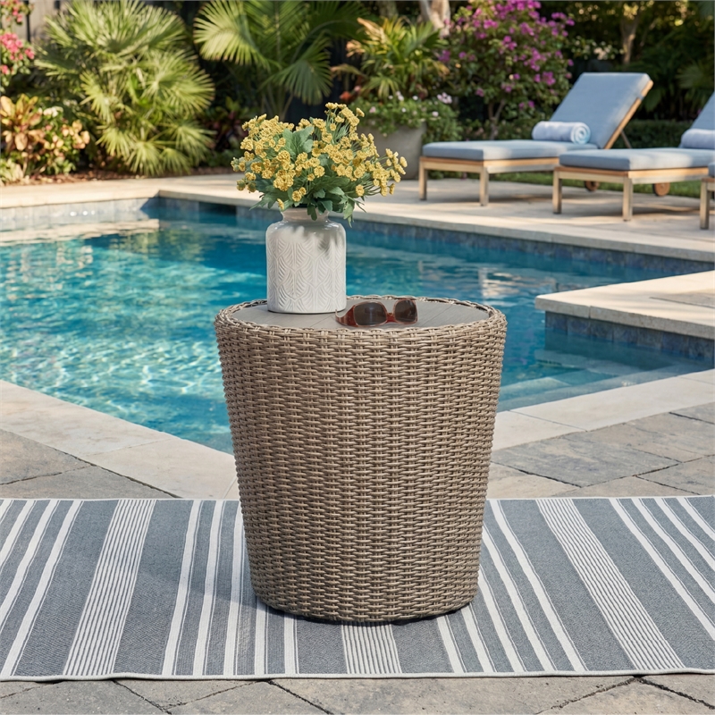 Bowery Hill Outdoor Resin Wicker End Table with an Aluminum Top