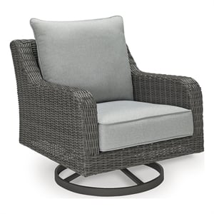 Bowery Hill Gray Outdoor Wicker Swivel Lounge Chair with Cushion