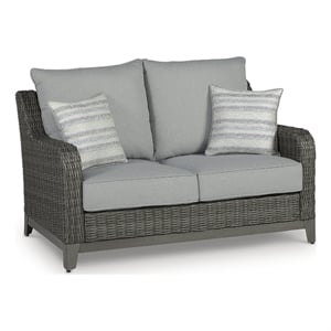 Bowery Hill Gray Outdoor Wicker Loveseat with Cushions and Pillows