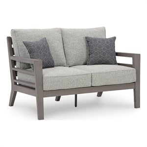 Bowery Hill Outdoor Weatherwood Loveseat with Cushions and Pillows