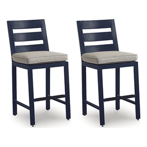 Bowery Hill Set of 2 Blue Cushioned Outdoor Counter Height Bar Stools