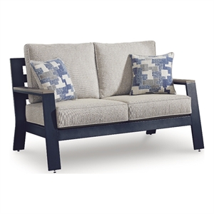 Bowery Hill Blue Outdoor Loveseat with Wood-Look Arms and Cushion