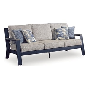 Bowery Hill Blue Outdoor Sofa with Wood-Look Arms and Cushions