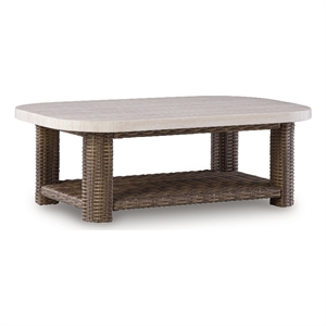 Bowery Hill Outdoor Wicker Coffee Table with an Aluminum Top and Shelf