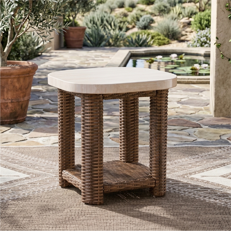 Bowery Hill Outdoor Wicker End Table with Aluminum Top and Shelf