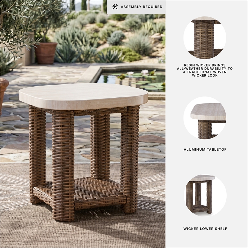 Bowery Hill Outdoor Wicker End Table with Aluminum Top and Shelf