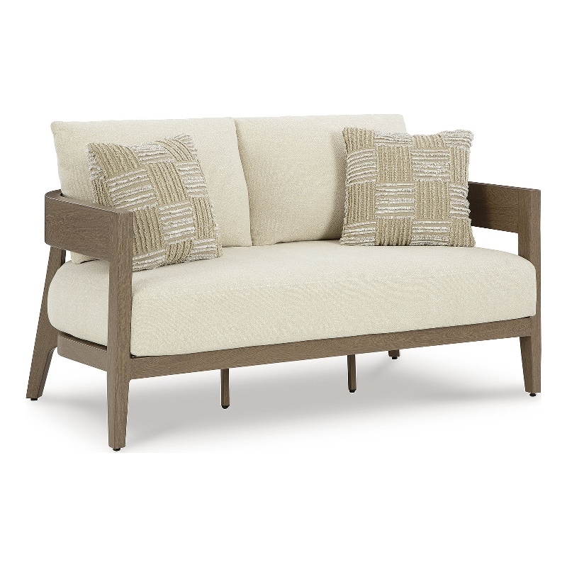 Bowery Hill Outdoor Wood-Look Loveseat with Patterned Pillows