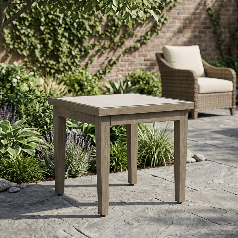 Bowery Hill Outdoor End Table with Sintered Stone Top and Wood Look