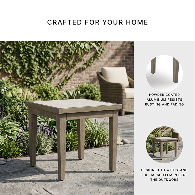 Bowery Hill Outdoor End Table with Sintered Stone Top and Wood Look