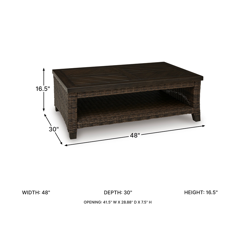 Bowery Hill Outdoor Wicker Coffee Table with Aluminum Top and Shelf