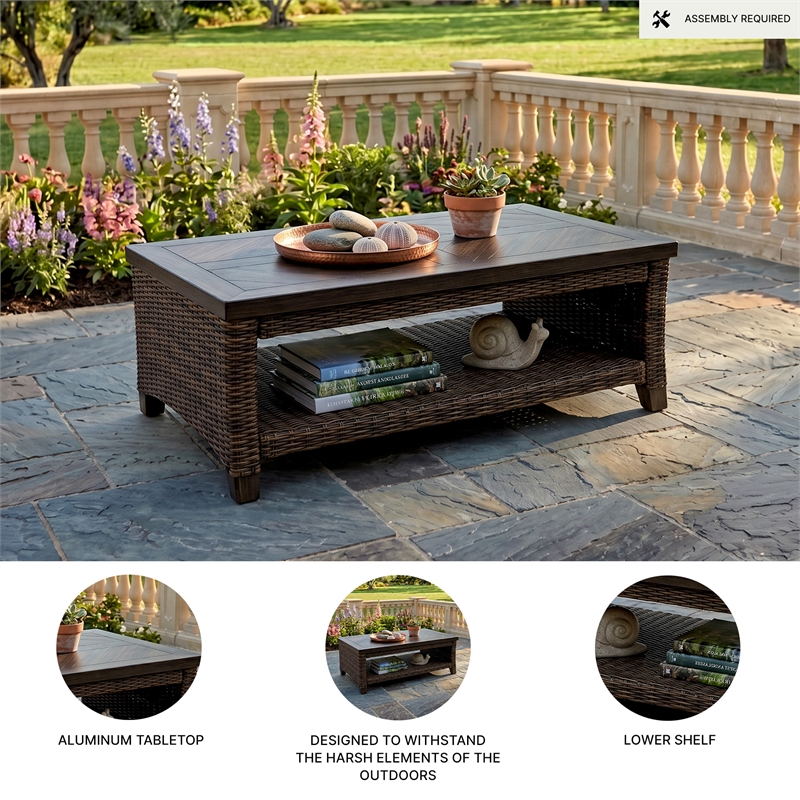 Bowery Hill Outdoor Wicker Coffee Table with Aluminum Top and Shelf
